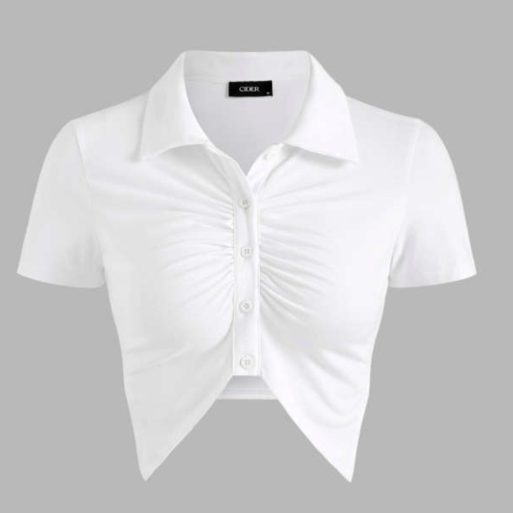 Cider White Ruched button up crop top with collar size Large